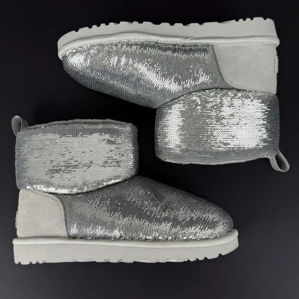 UGG Classic Mini Mirror Ball Women’s 7 Silver Sequin Boots Suede Winter NEW